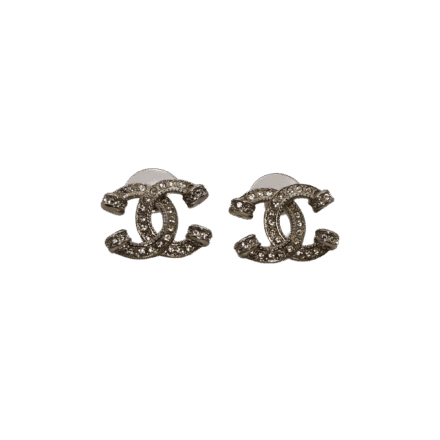 Brincos Chanel CC em Prata com Strass