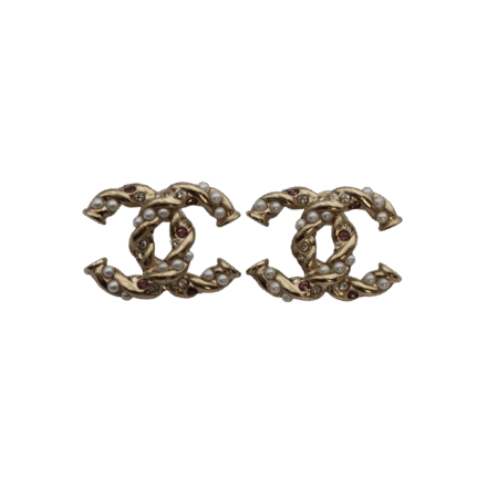 Brincos Chanel CC com Pérolas e Pedras Rosa